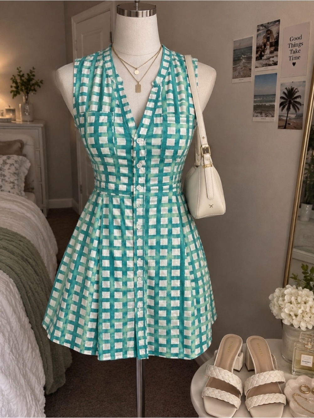 crown & ivy Teal and White Sleeveless Button-Front Mini Dress